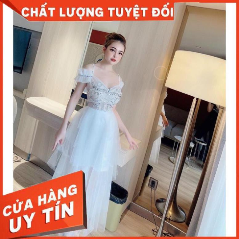 Đầm dự tiệc xếp tầng kết đá trễ vai lưới sang trọng - size M/L (có ảnh/video thật)MS300V