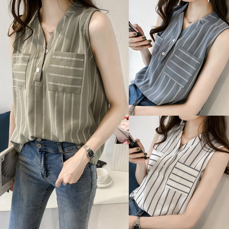 Áo sơ mi chiffon nữ không tay kẻ sọc