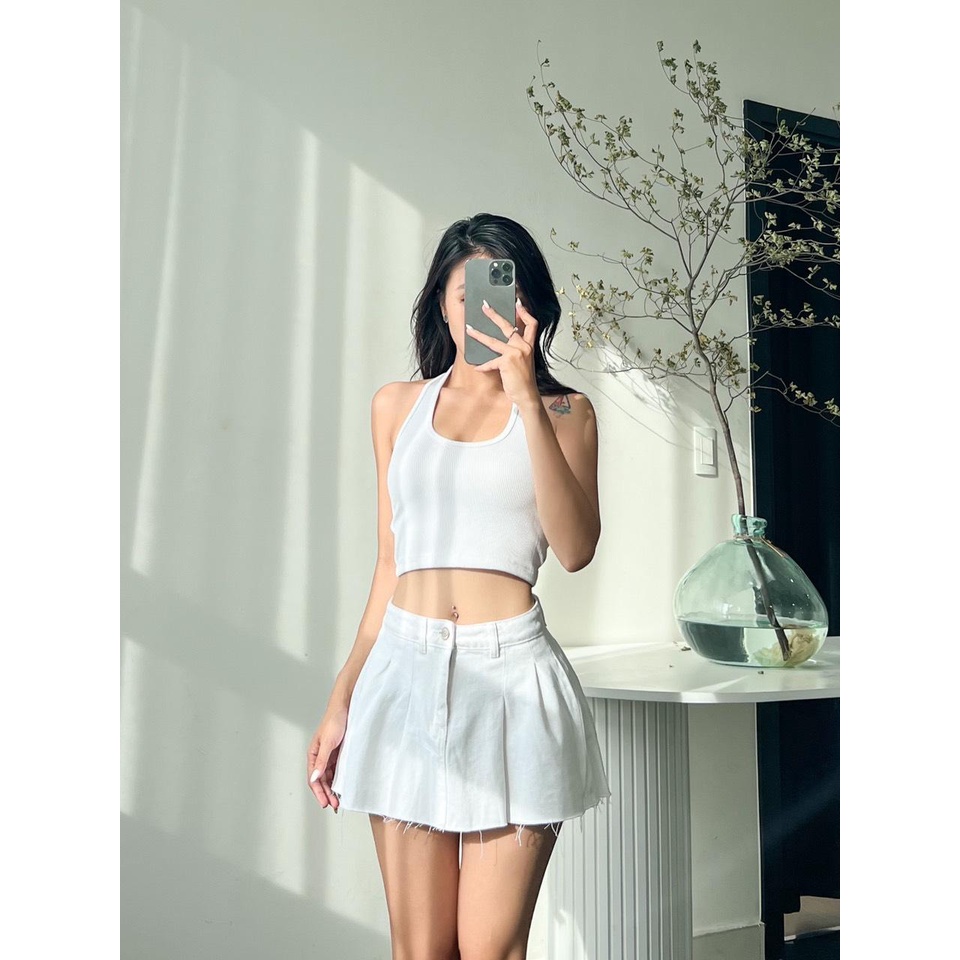 Chân váy jean mềm xếp ly trắng có lót trong cạp thấp Sofm Wear