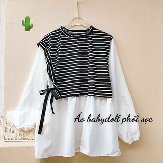 💖💖Áo Baby doll phối sọc cột dây🌵Kèm hình thật [hình mẫu hot]🌵 vải mềm tạo cảm giác thoải mái khi mặc