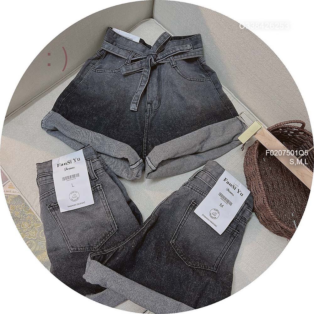Quần short jean xám loang màu lật lai lưng cao cột nơ hàng đẹp!