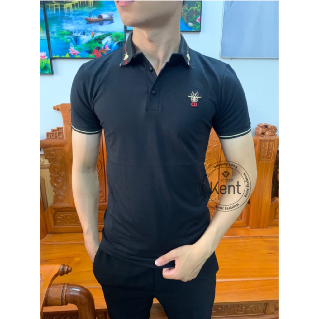 Áo Thun Nam Polo Có Cổ Tay Ngắn Phối Họa Tiết, Vải Cotton Cao Cấp