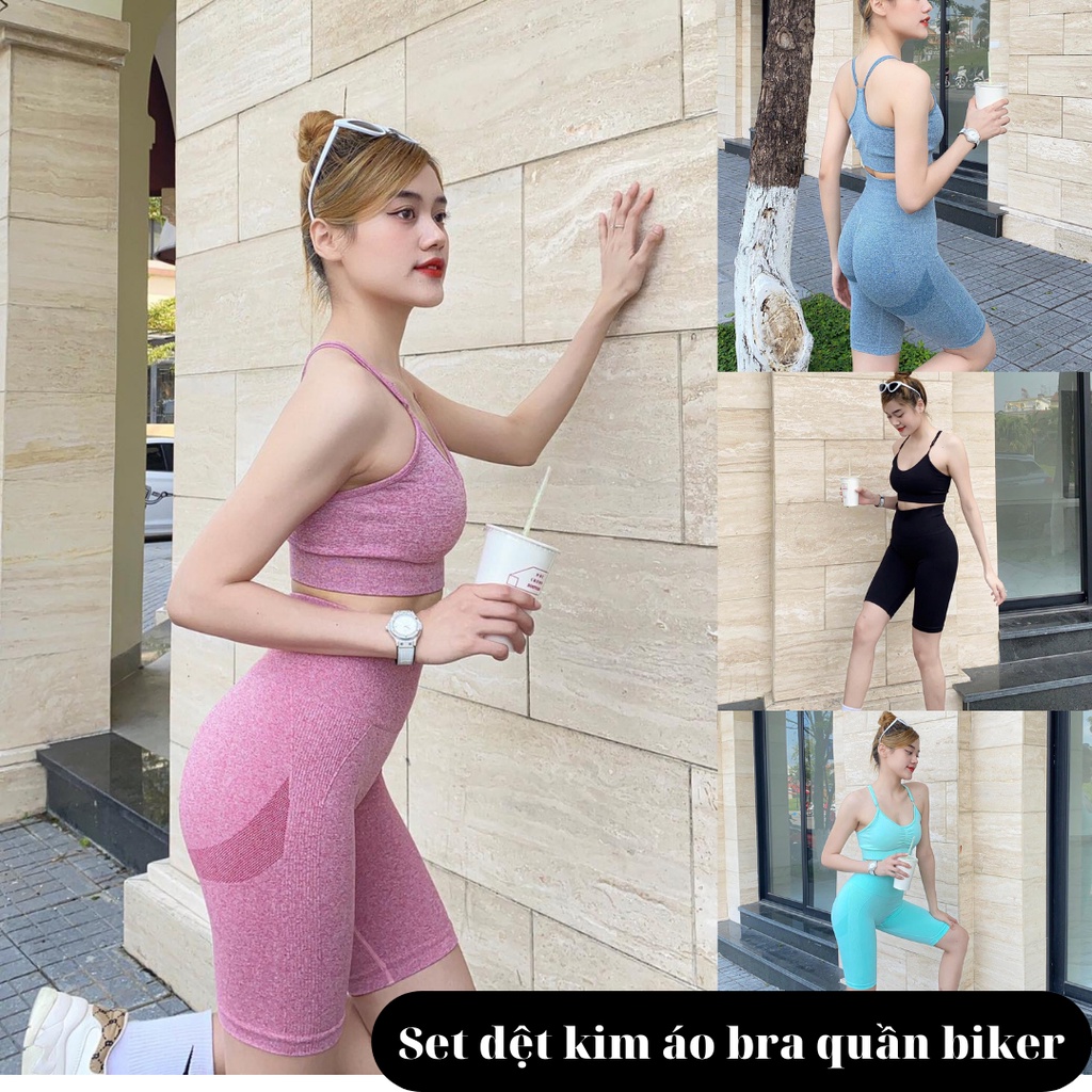 Bộ Đồ Tập Gym Yoga Thể Thao Nữ Chất Dệt Kim Gồm Áo Bra Quần Chun Mông Co Dãn Tốt Mặc Ôm Dáng