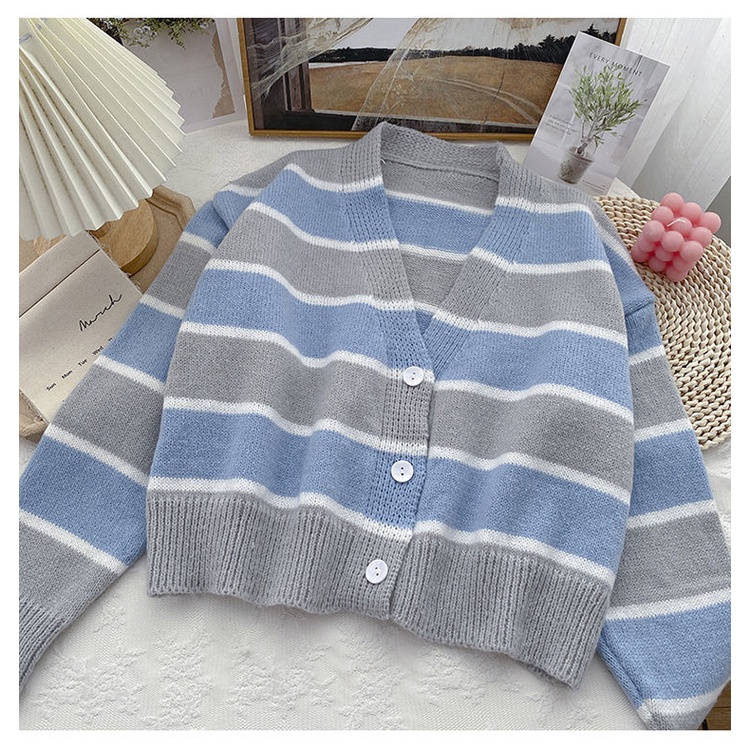 Áo Sweater Dệt Kim Mỏng Dáng Rộng Tay Dài Kẻ Sọc Màu Sắc Tương Phản Thời Trang Mùa Thu Cho Nữ
