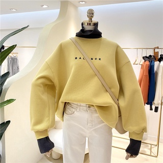 Áo sweater nỉ bông chui đầu Balance phối len giả set phong cách Hàn Quốc