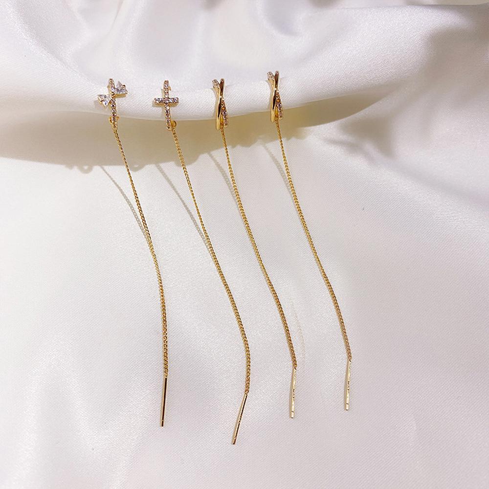 Bông Tai Dạng Kẹp Hình Nơ Dài Phối Tua Rua Thời Trang Cho Nữ