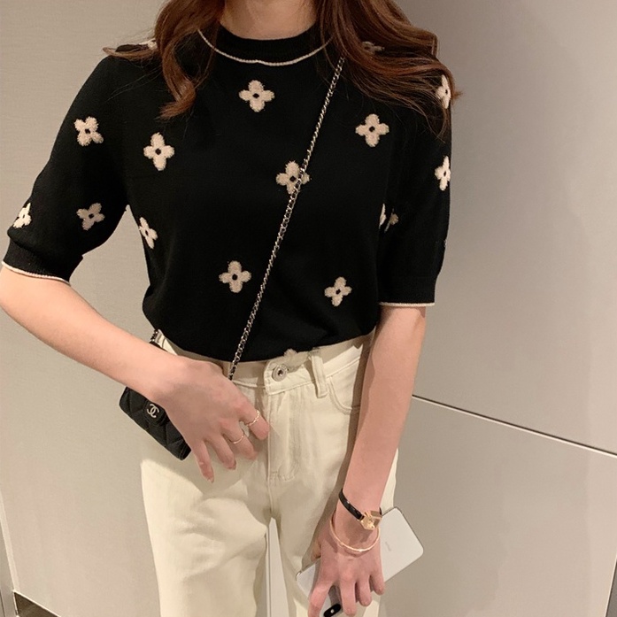 Áo sweater ZHELIHANGFEI cổ tròn tay ngắn thêu hoa màu tương phản phong cách Pháp ngọt ngào dành cho nữ