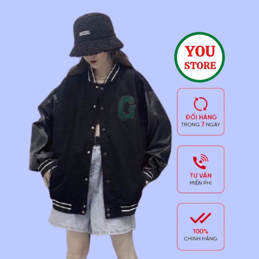 Áo Khoác Bomber Nam Nữ Unisex Chữ G Xanh Chất Liệu Nỉ Cotton Phối Da Tay Mã 258 You Store