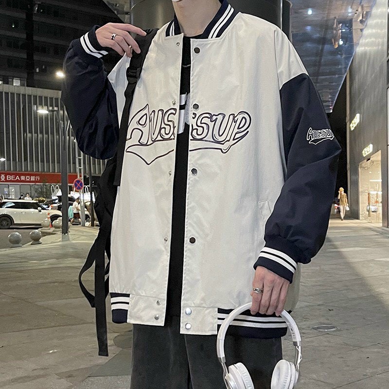 Áo khoác bomber nam nữ unisex-Áo bóng chày Form rộng AUSSUP chất liệu kaki 2 lớp dày dặn, mặc đi học, đi chơi bán chạy
