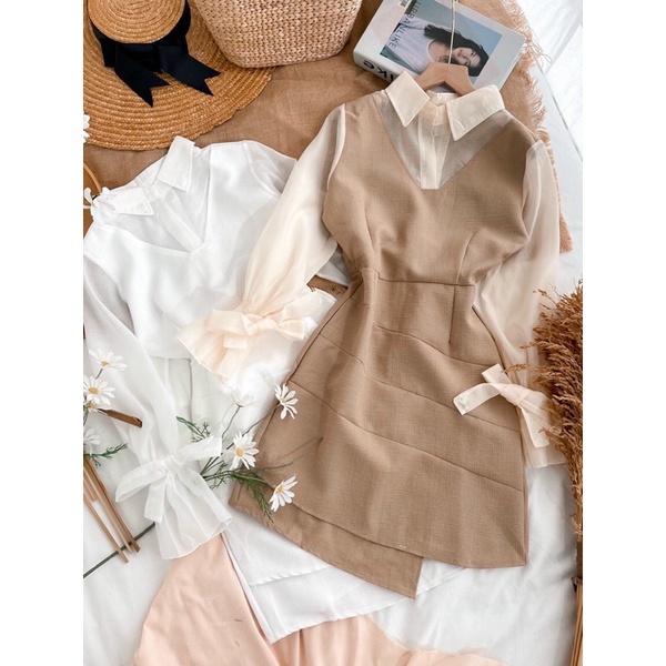 ĐẦM CỔ SƠ MI TAY PHỐI VOAN NƠ XẾP LY THÂN XÉO✨✨