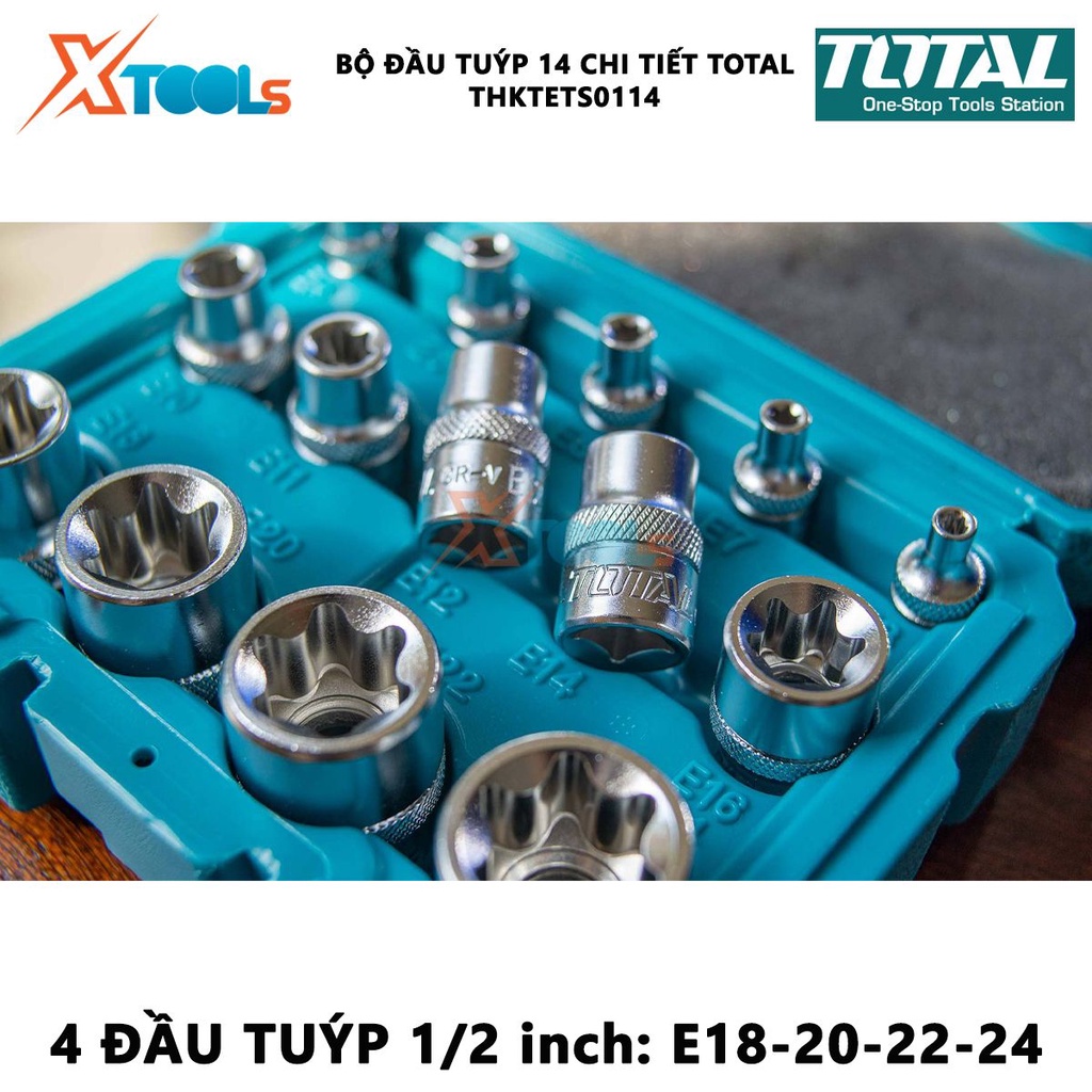 Bộ đầu tuýp 14 chi tiết TOTAL THKTETS0114 | Dùng để mở bu long đai ốc trong việc tháo lắp, sửa chữa