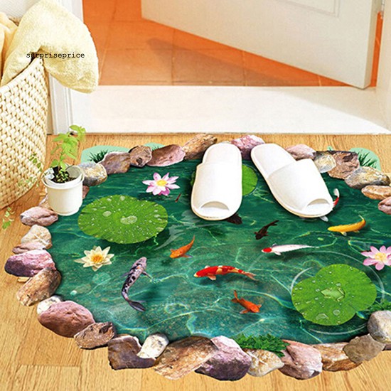 Miếng dán sàn nhà hình cá và hoa sen 3D chống thấm nước dễ lột ra