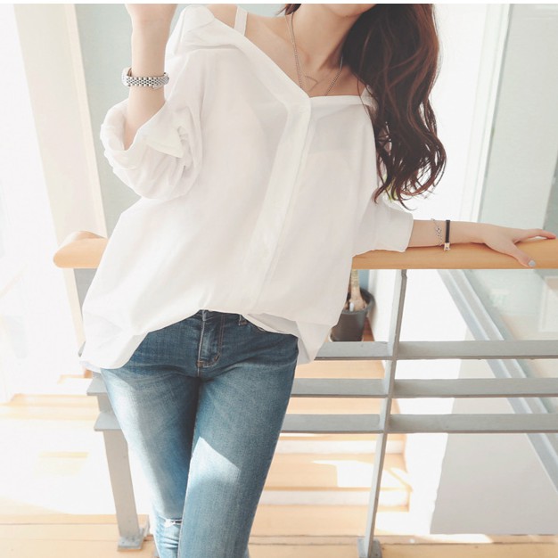 Áo trễ vai SUXI tay dài dáng rộng màu trắng thời trang cho nữ