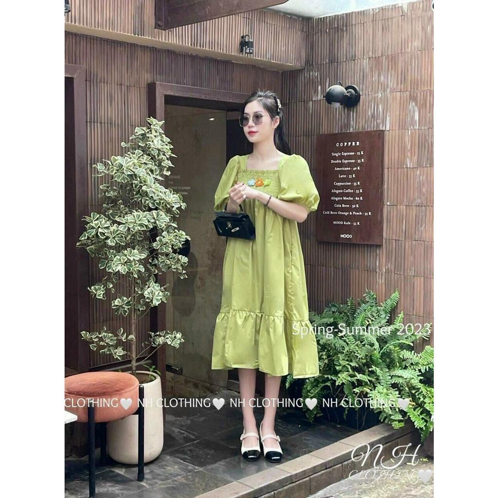 Đầm Babydoll Tay Phồng Hoa Thêu Xinh Xắn,Đầm Suông Nhún Ngực Bầu Bí Bon Chen Chất Lụa Mềm Mát
