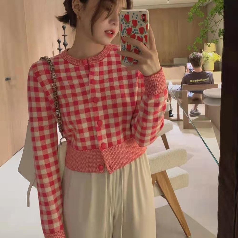 Áo Cardigan Dệt Kim Dài Tay 1707895Áo Thun Ngắn Tay Cổ Tròn Sọc Caro Xinh Xắn Cho Nữ