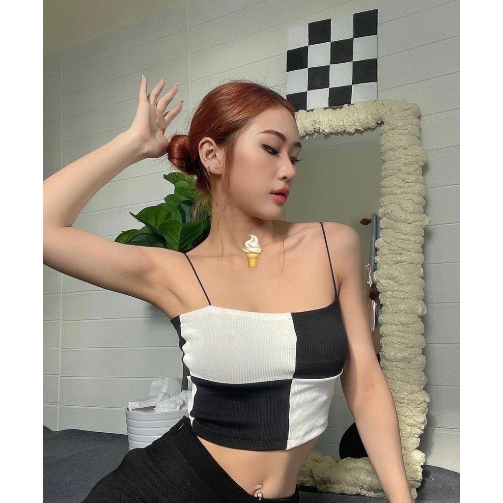 áo 2 dây phối màu vuông đen trắng chất bozip