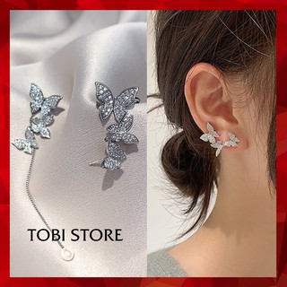 Khuyên tai nữ bươm bướm đính đá pha lê lấp đánh bông tai vành dáng dài bất đối xứng TB09 TOBI STORE