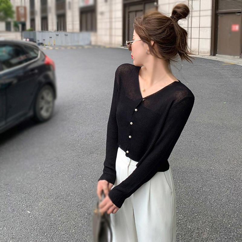 Áo Cardigan Dệt Kim Mỏng Tay Dài Cổ Chữ V Màu Sắc Đơn Giản Cho Nữ