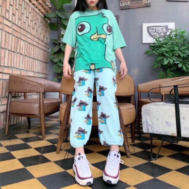 Set bộ đùi hoạt hình thú mỏ vịt UNISEX quần cartoon kèm áo thun tay lỡ siêu xinh kèm ảnh/video thật siêu đẹp