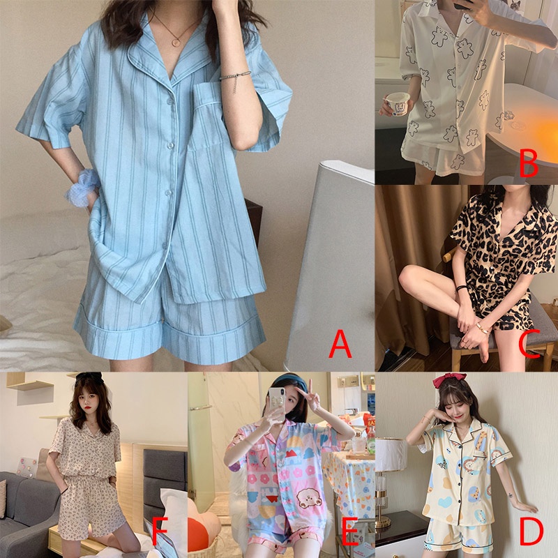 Bộ đồ ngủ ngắn tay in họa tiết phong cách hàn quốc thời trang mùa hè cho nữ