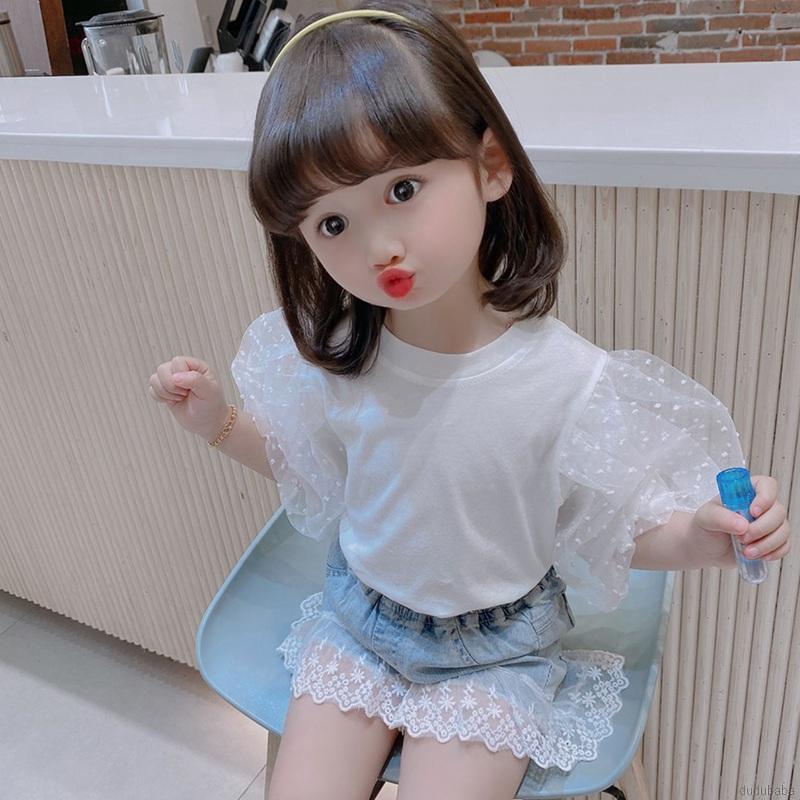 Set Áo Kiểu Tay Phồng Phối Ren Và Quần Short Denim Cho Bé Gái