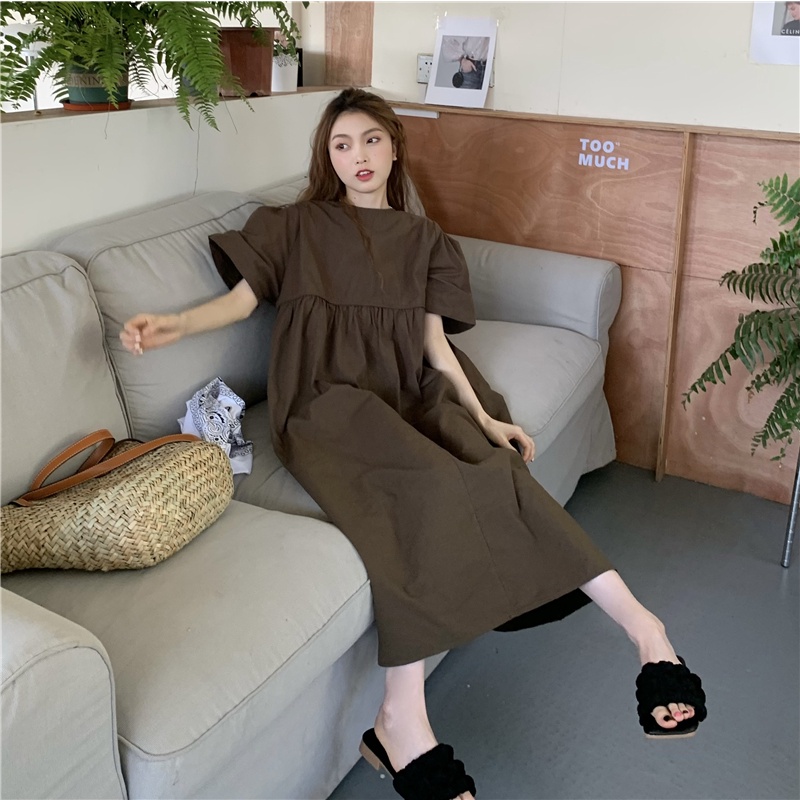 Váy babydoll cộc tay xoè dài, màu nâu vintage nhẹ nhàng style Hàn Quốc