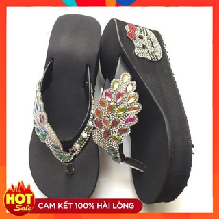 (Bảo Hành 12 Tháng) Dép Quay Kẹp Chim Công Màu Đen Dán Gót Mèo Cao 7cm