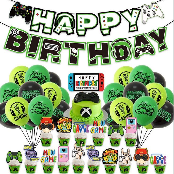 Set Bong Bóng + Que Cắm Trang Trí Bánh Kem Sinh Nhật Chủ Đề Video game On birthday Cho Bé