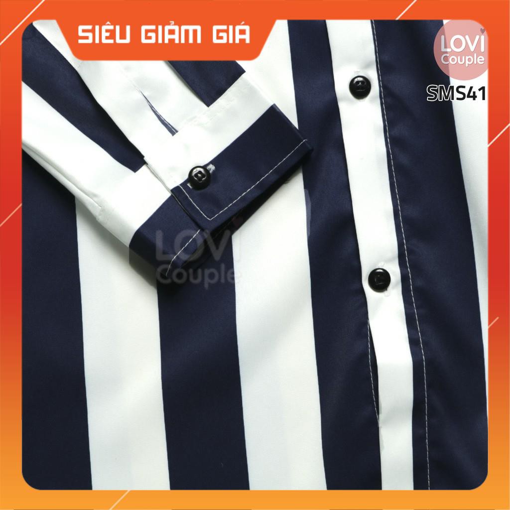 SMS412-Áo Sơ Mi Sọc Xanh Đen Tay Dài Unisex