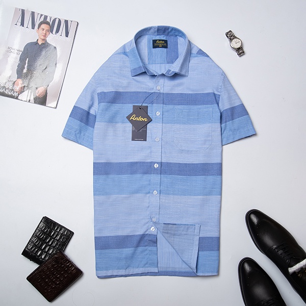 Áo Sơ Mi Nam Công Sở Trung Niên Thương Hiệu Anton Xanh Dương Kẻ Caro Ngắn Tay Vải Sợi Tre - GD566