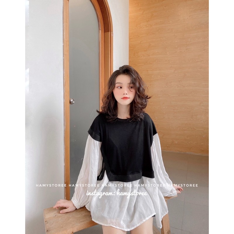 BW DOLL TOP - ÁO BABYDOLL PHỐI ĐEN TÀ LỤA TRẮNG CỘT NƠ HÔNG CỰC XINH