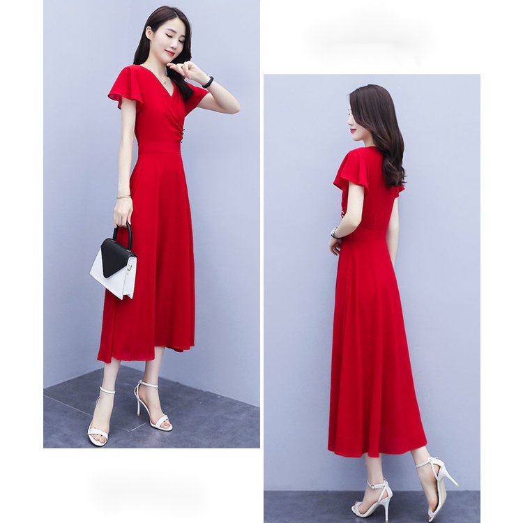 Đầm Dài Đến Giữa Eo Cổ Chữ V Màu Trơn In Họa Tiết Thời Trang Cho Nữ
