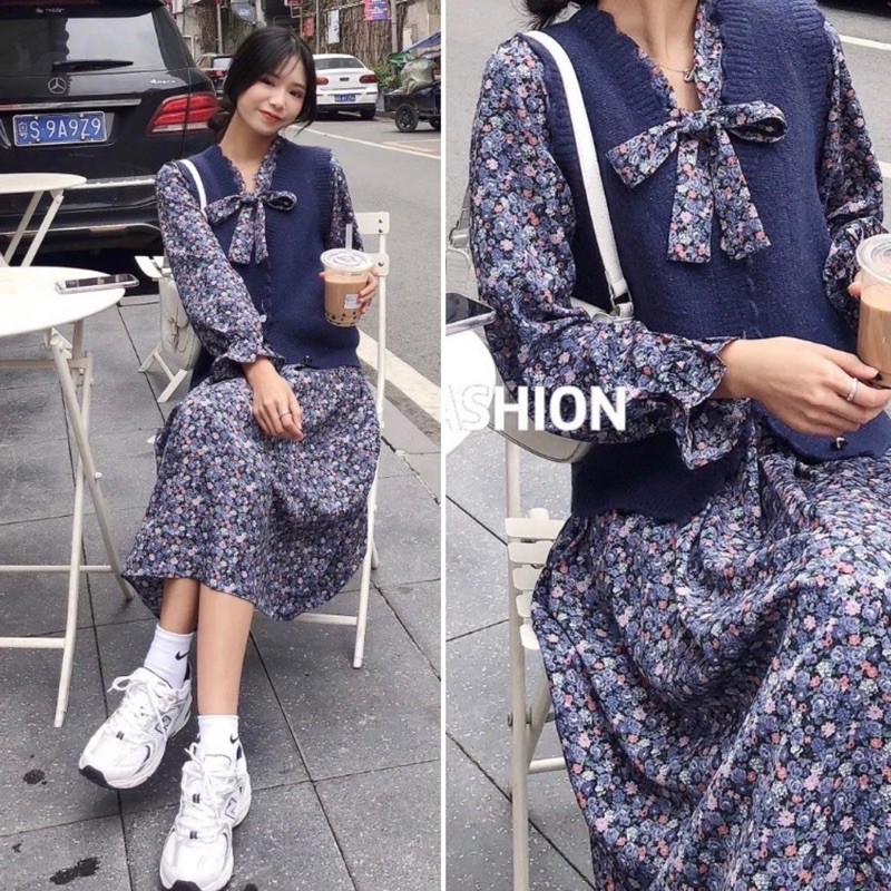 váy hoa nhí thô đũi thắt nơ cổ Ulzzang style🌸 Hàng Quảng Châu