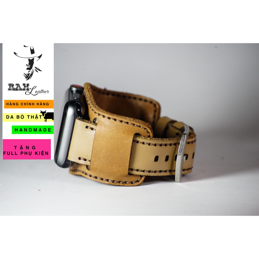 Combo Dây đồng hồ RAM Leather vintage B2 1986 da bò thật màu vàng quân đội vintage