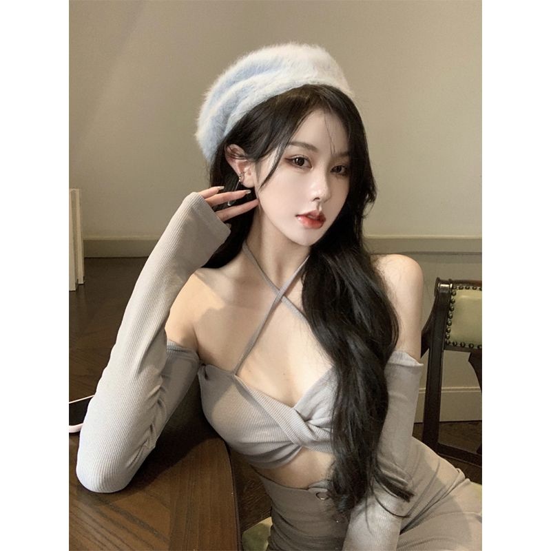 High waist shows thin and spicy girls hip half skirt + sexy slim neck top new style pure wind suit girl in spring