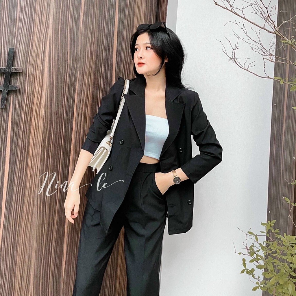 Sét bộ áo vét ống tay dài phối quần dài siêu thanh phong cách thời trang 2 màu nure và đen mặc cực kì tôn dáng