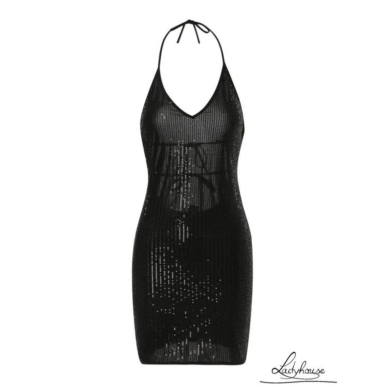 Ld-đầm Ôm Dáng Không Tay Cổ Chữ V Đính Kim Sa Lấp Lánh Có Dây Cột Sau Lưng Cho Nữ