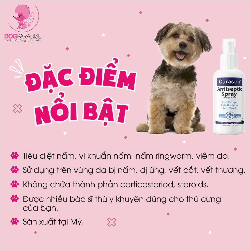Dung dịch xịt chống viêm da do nấm vi khuẩn cho chó mèo - Bexley Labs Curaseb Antiseptic Spray 118ml - Dog Paradise