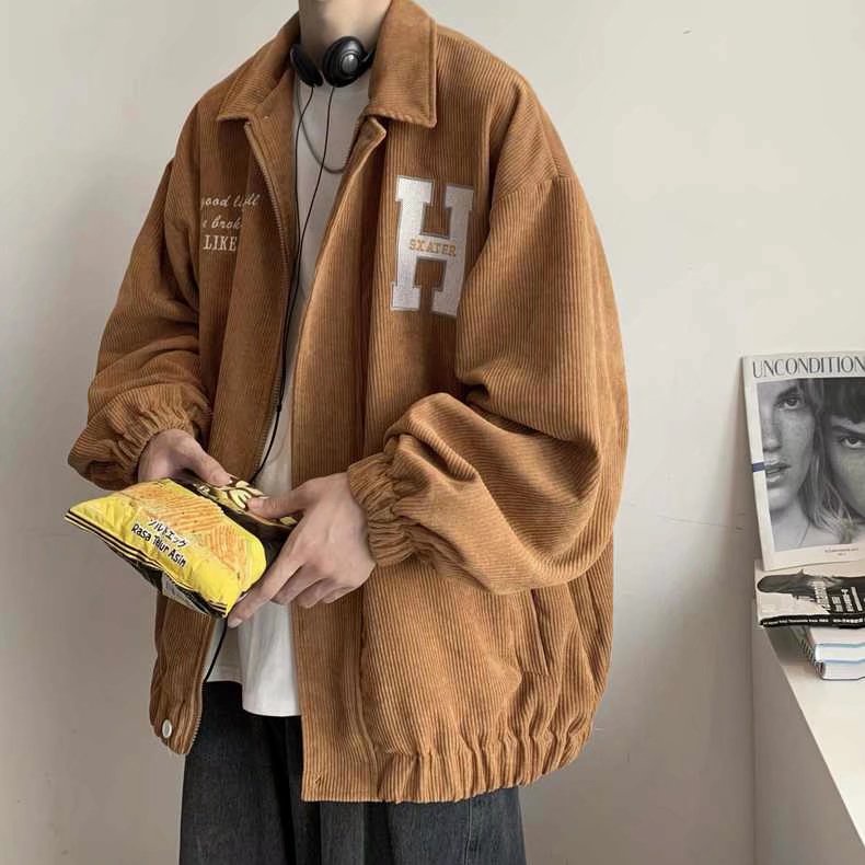 Áo Khoác Nam Nữ Nhung Kẻ Dáng Rộng Cổ Lật Phong Cách Retro Hàn Quốc Dành Cho áo khoác nam thời trangáo khoác varsity áo khoác nam cao cấp