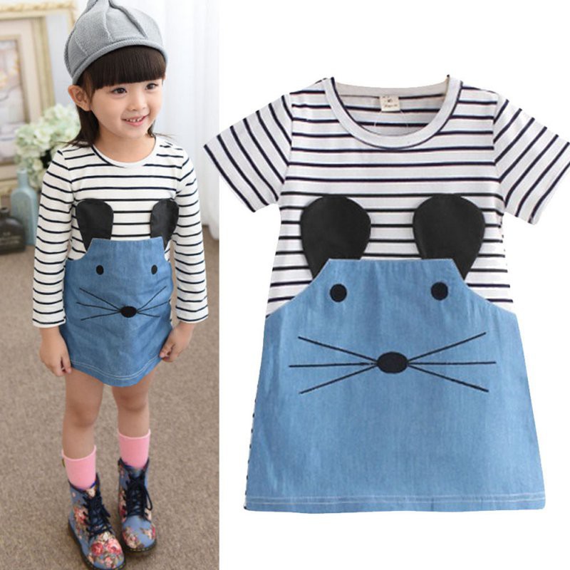 Đầm dài tay kẻ sọc phối jean denim cho bé gái (1-6 tuổi)