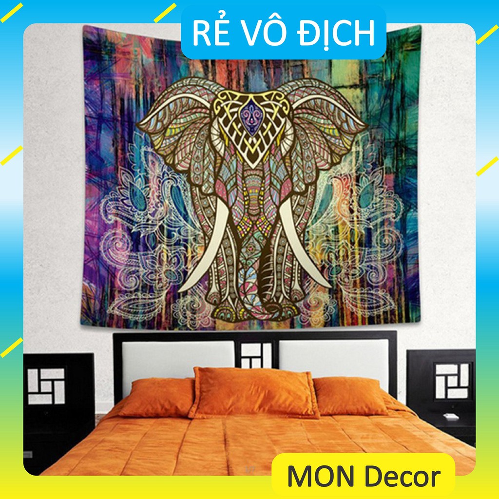 [88k 1m3*1m5] Tranh vải decor vintage boho - Thảm vải treo tường con voi [TẶNG móc dán tường + đinh]