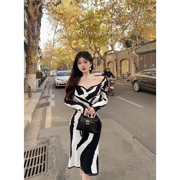 Đầm len body tay dài họa tiết