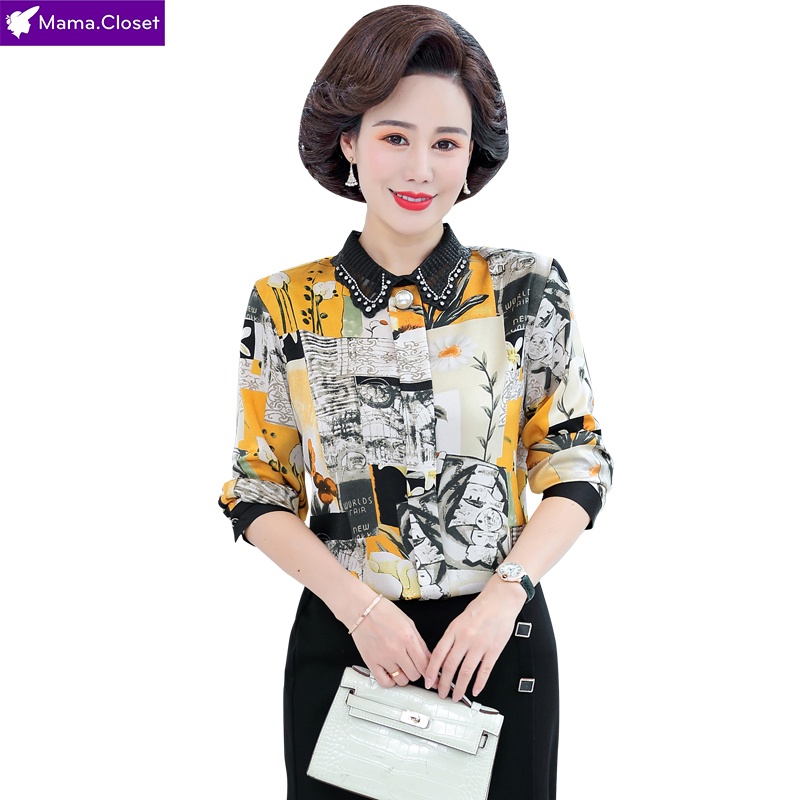 #C6021 ÁO SƠ MI HỌA TIẾT THỜI TRANG, CỔ ĐÍNH ĐÁ THANH LỊCH SANG TRỌNG CHO MẸ, HÀNG THU ĐÔNG MỚI QUẢNG CHÂU HOT 2021