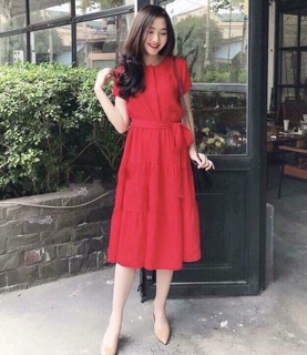 Đầm trắng 3 tầng thắt nơ eo