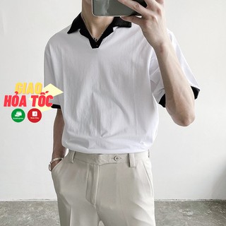 Áo Polo nam cổ vest trắng đen fom rộng unisex