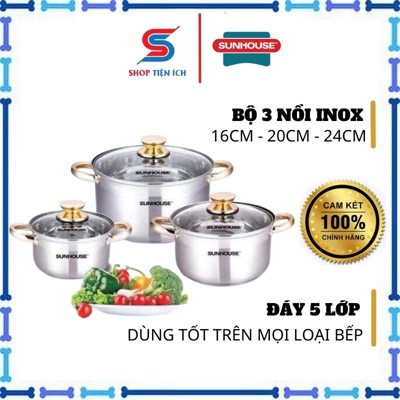 Bộ nồi inox Sunhouse SH781 5 đáy dùng được bếp từ  -Shop Tiện Ích