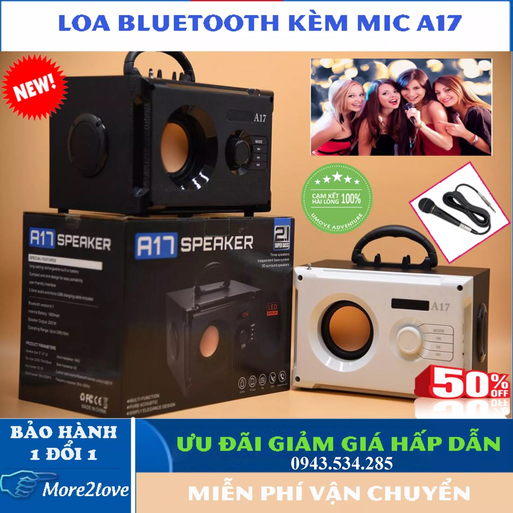 Loa bluetooth, Loa Nghe Nhạc A17 Kèm Mic Cao Cấp, Âm Bass Cực Đỉnh, Dung Lượng Pin Khủng - Bảo Hành Uy Tín 1 Đổi 1