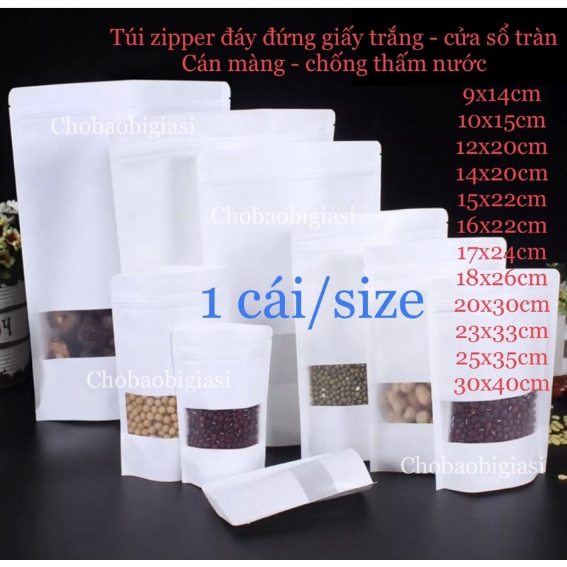 {Thử mẫu 1 cái/ size} Túi zipper giấy Kraft GIẤY TRẮNG đáy đứng cửa sổ tràn có CÁN MÀNG - CHỐNG THẤM NƯỚC (sp y hình)