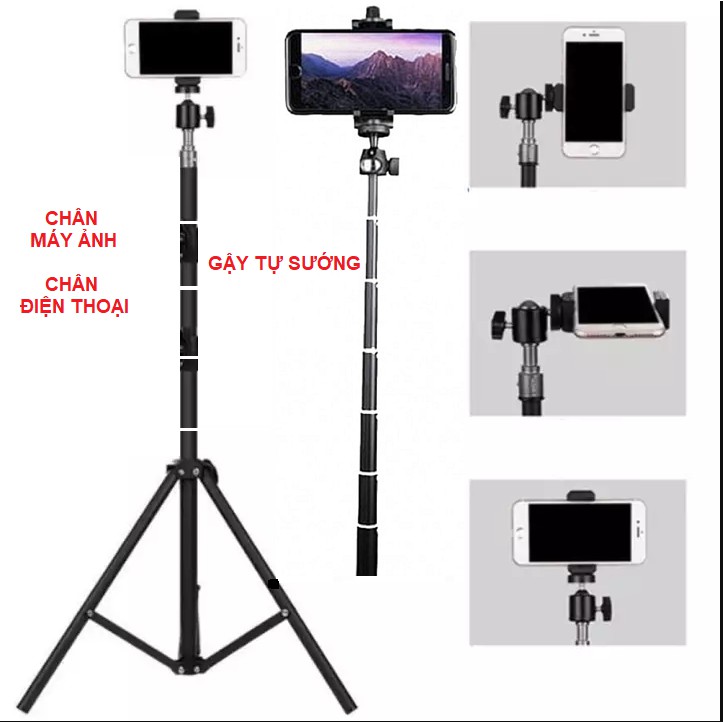 Đèn Livestream 30cm cao 190cm, 4in1 Tặng Kẹp Điên Thoại -Làm Chân Đỡ Máy Ảnh - Làm Gậy Tự Sướng Dài 1,5m