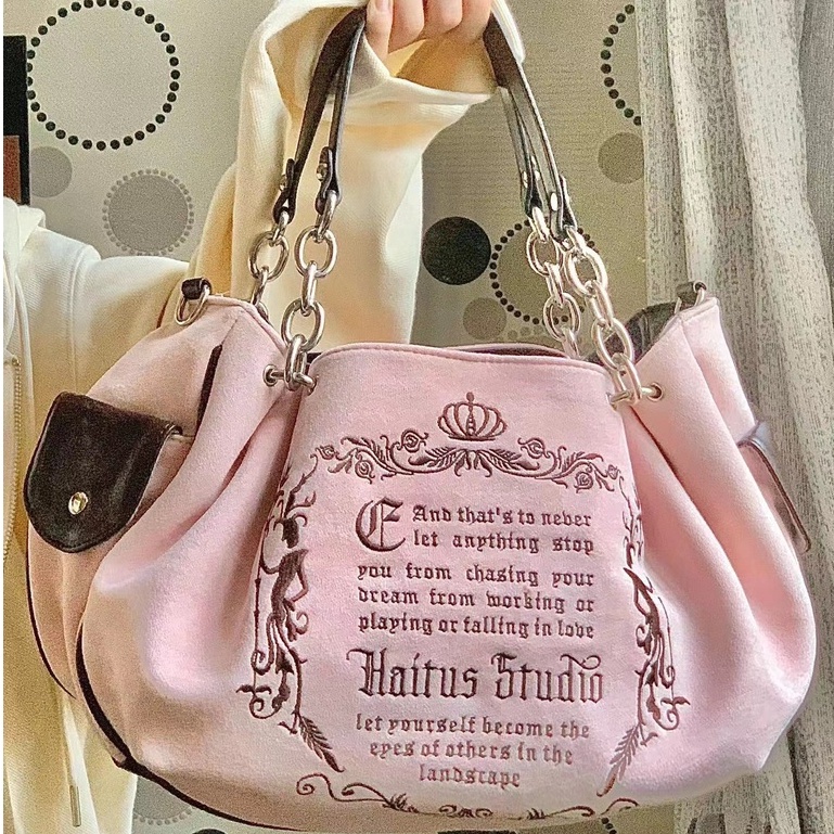 Túi Tote Đeo Vai Một Bên Vai Bằng Da Lộn Thêu Chữ Phong Cách Gothic Cổ Điển Thời Trang Mới 2022 Dễ Phối Đồ Dành Cho Bạn Nữ